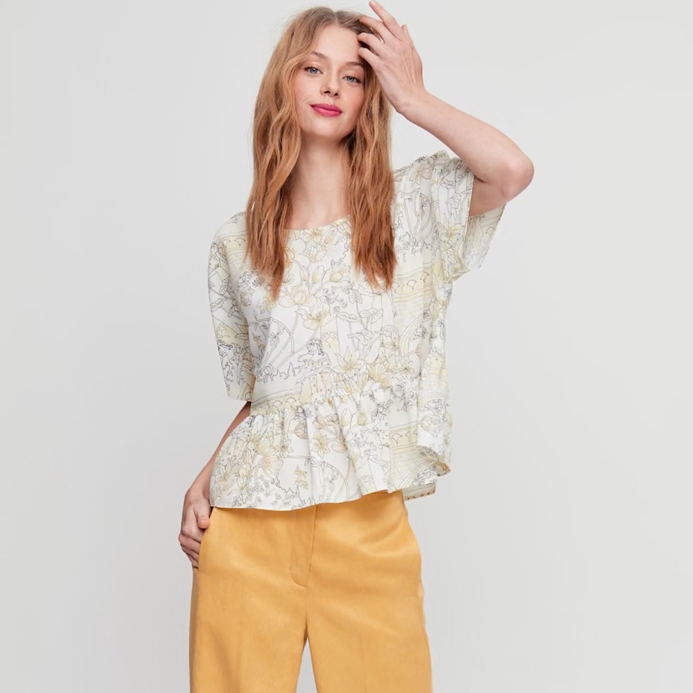 ARITZIA Wilfred Macee Blouse, Floral Print, Cream/Yellow, Size Small